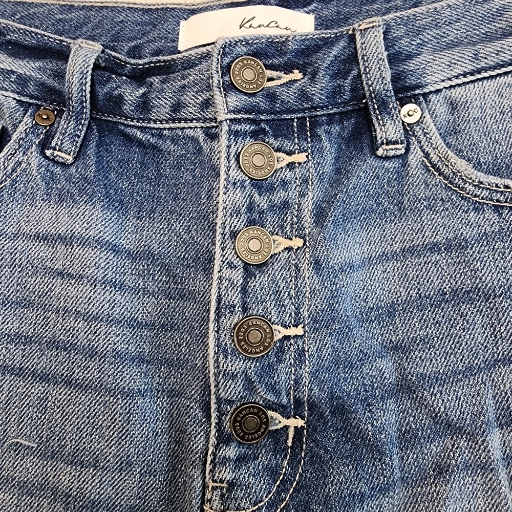 KanCan Blue Denim Jeans Women Size L distressing Button Fly Cotton High Rise - Picture 3 of 7